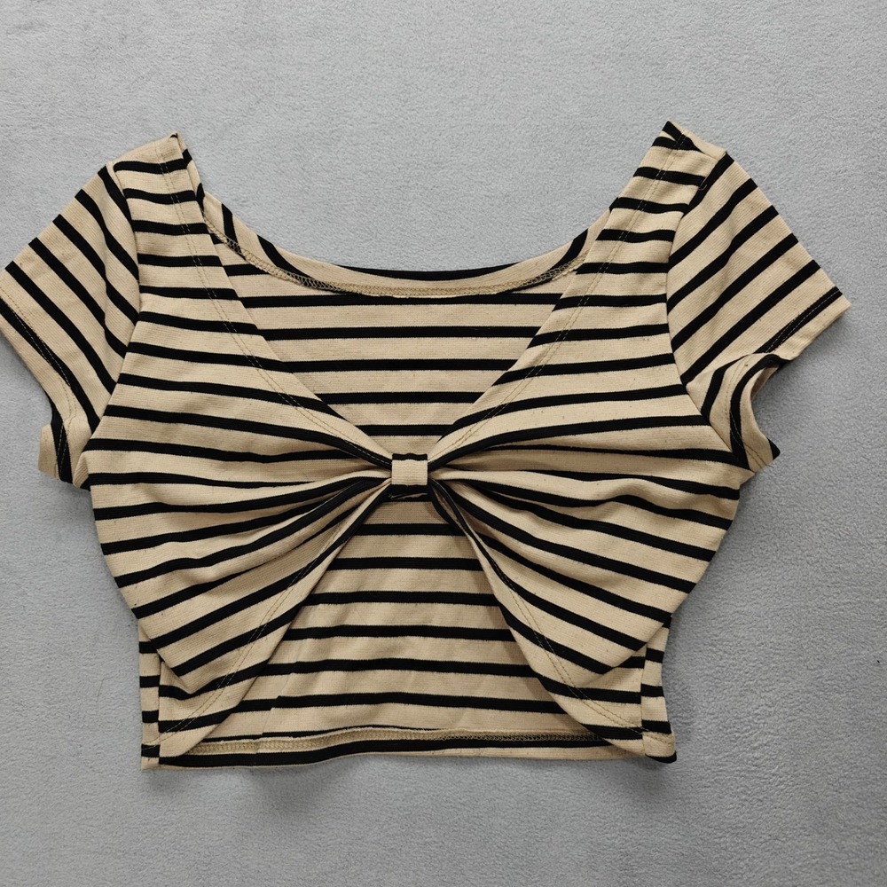 Retro‎ Striped Crop Top Womens Small Bow Front Short Sleeve V-Neck Black Beige